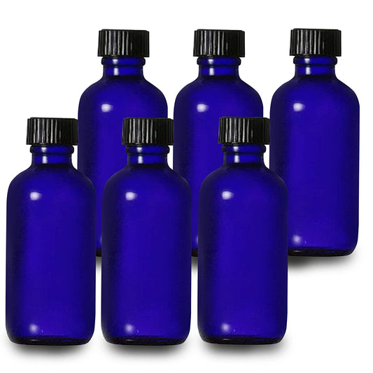 Blue Glass Bottle 1 oz of Round Boston Glass Bottles With Black Cap Refillable and Durable Bottles Romeriza (Pack of 6)